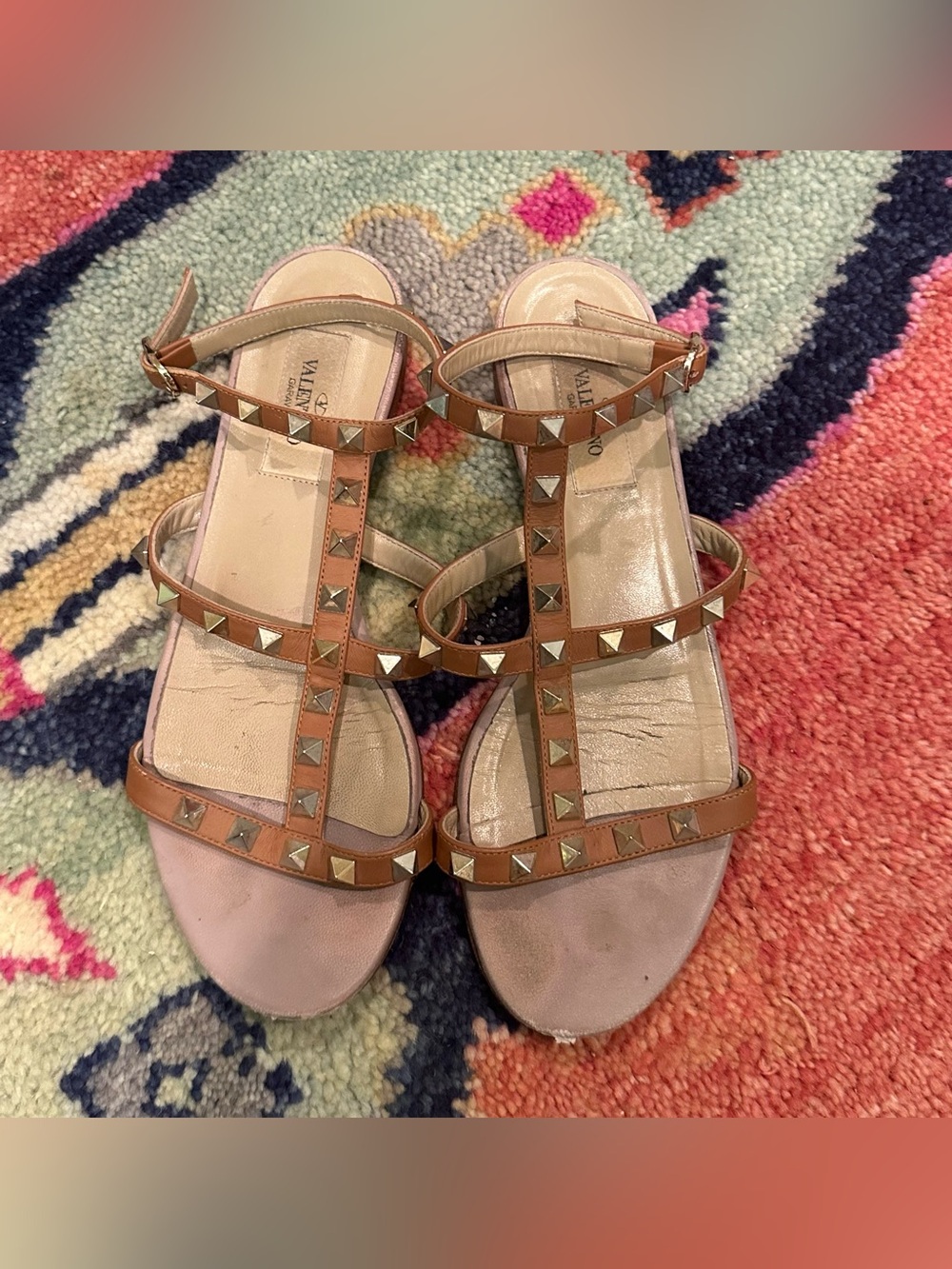 Valentino Tan Leather Rockstud T-Strap Sandals with Pale Pink Footbed